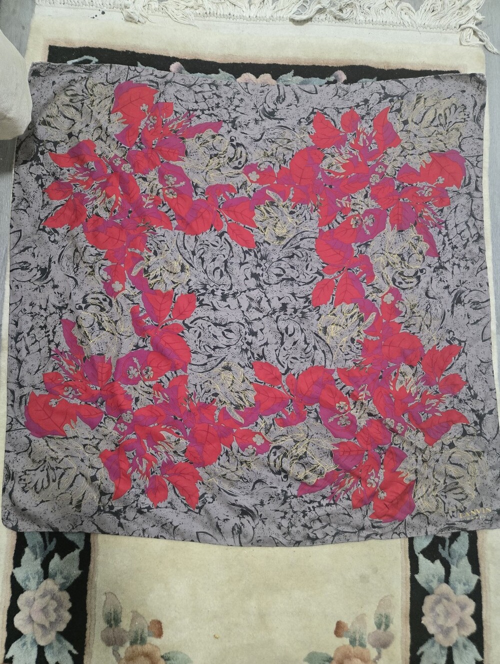 Vintage LANVIN 100% Silk Floral Red Scarf 34" *34"